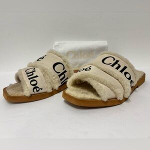 CHLOE Woody White Cream Shearling Slides With Dust Bag Women’s Size 10 (40)